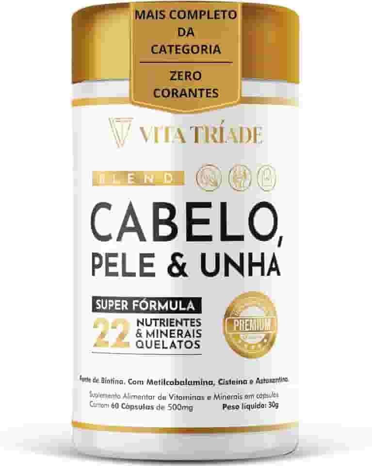 Vitamina para Cabelo Pele e Unha - Super fórmula Sem Corante - 22 Nutrientes: Biotina, Cisteína, Vitamina b12, Astaxantina, Ácido Fólico