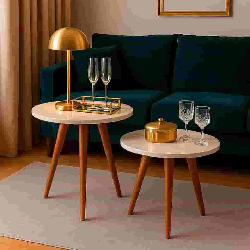 Kit 2 Mesas Cora de Canto Redondas Pé Palito MDF OFF Mesa Lateral para Sala Quarto Escritório