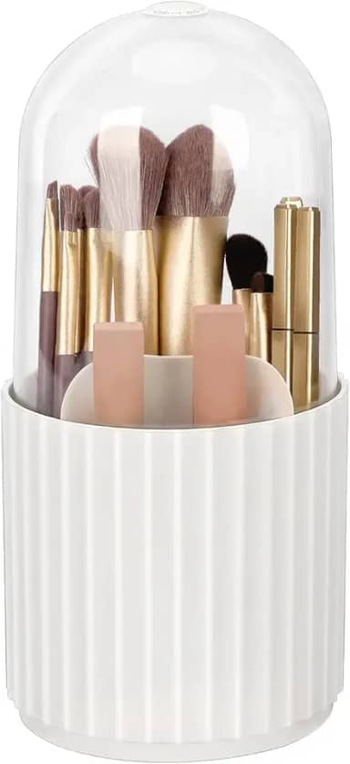 Porta Pincel Maquiagem, Maleta de Maquiagem, Giratorio 360° Com Tampa, Organizador de Cosméticos Transparente à Prova de Poeira, Adequado para Penteadeiras, Banheiros e Quartos (Branco)