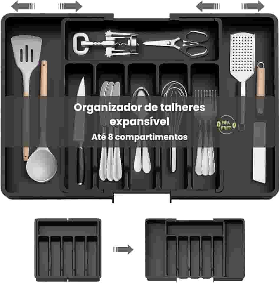 Porta Talheres Expansível de 33cm a 57cm, Organizador Grande Para Gaveta Bandeja Ajustável, Preto Polipropileno, 8 Divisórias, Design Moderno Multiuso Ideal para Cozinha.