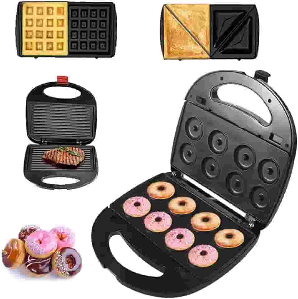 Baotkere Máquina De Fazer Donuts, Elétrica Sanduíche Waffle 4 Em 1, Conjunto Prensa Para Panini, Grelha E Ferro Com Placas Antiaderentes Removíveis Intercambiáveis, Torradeira Sobremesa Removível 75