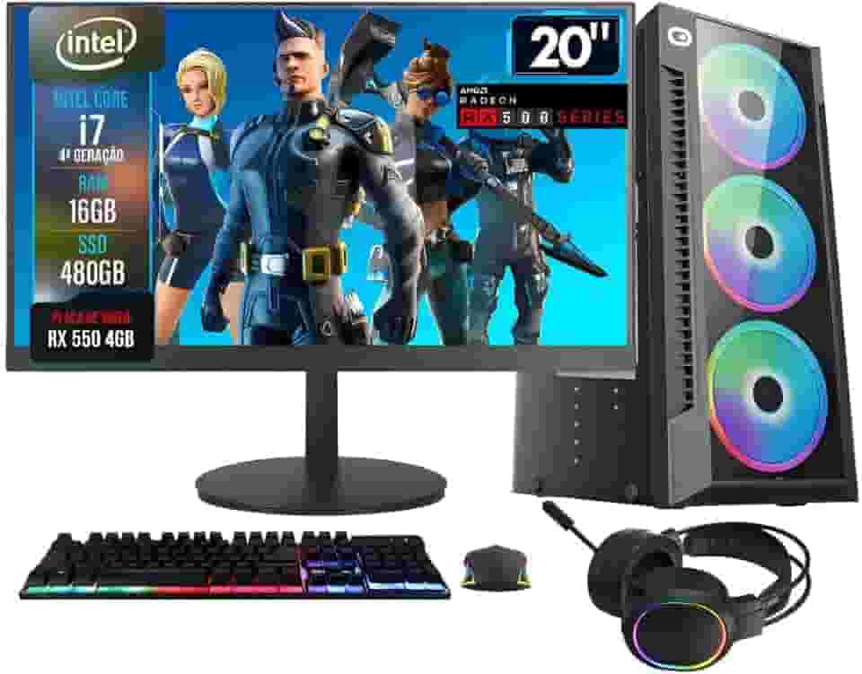 PC GAMER COMPLETO INTEL CORE I7 16GB RAM PLACA DE VIDEO RX 550 4GB SSD 480GB FONTE 500W - MONITOR 20'' 75HZ - KIT GAMER TECLADO/MOUSE/HEADSET/MOUSEPAD