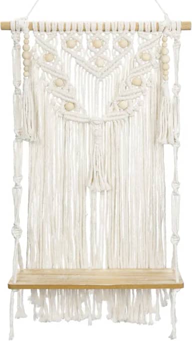 Briful Decoração de parede de macramê, decoração neutra moderna branca bohemain para pendurar na parede, decoração neutra de 87 cm em macramê elegante, decoração de prateleira de madeira