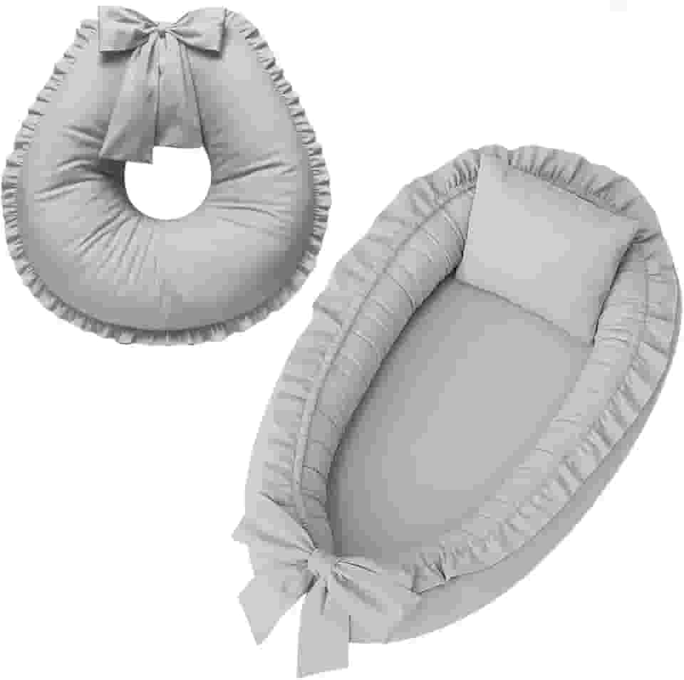 Ninho redutor de berço e Almofada de Amamentação Percal 100% Algodão (Cinza)