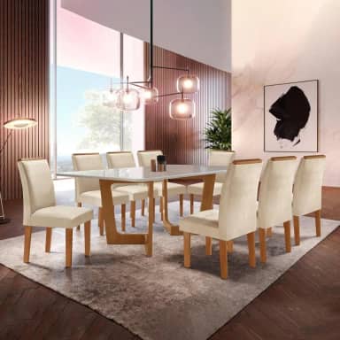 Conjunto Sala De Jantar Nápoles Tampo Vidro/mdf com 8 Cadeiras Luísa Smart Plus Cel Móveis Cinamomo/off White/bege