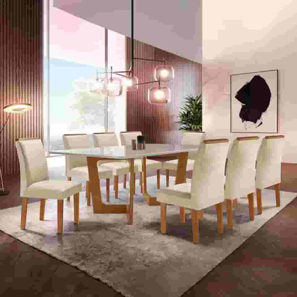 Conjunto Sala De Jantar Nápoles Tampo Vidro/mdf com 8 Cadeiras Luísa Smart Plus Cel Móveis Cinamomo/off White/bege