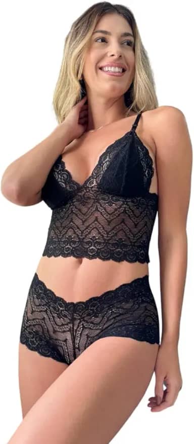 Conjunto Lingerie de Luxo 4 estações todo em Renda com forro de malha de algodão (Vermelho, G)