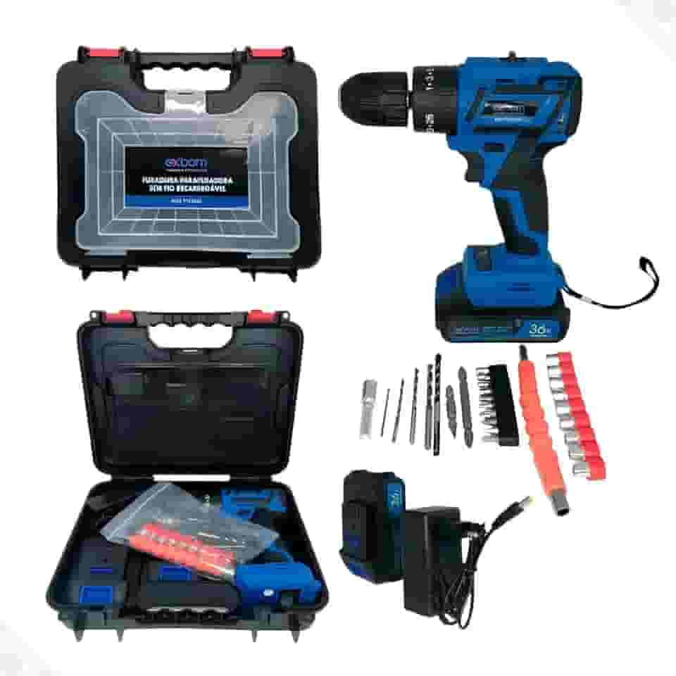 Parafusadeira Furadeira Impacto 36V Brushless com Maleta, Kit de Acessórios Completo, Carregador e 2 Baterias
