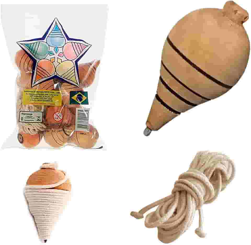 Genérico 12 Piões De Madeira Reforçado Com Fieira Brinquedo Antigo