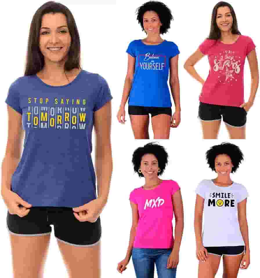 Kit 5 Babylook Feminina MXD Conceito Algodão Gola Canoa Blusinha T-shirt Camiseta