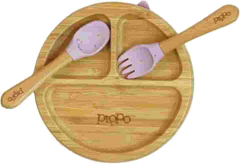 Kit Prato de Bambu Tradicional Violeta + Talheres em Bambu e Silicone Violeta | Pippo