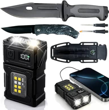 Kit Tático Sobrevivência Faca Aço Canivete Dobrável Lanterna LED 7 Modos Powerbank Recarregável Imã Pederneira Apito Aventura Camping Pesca Militar Emergência Portátil USB