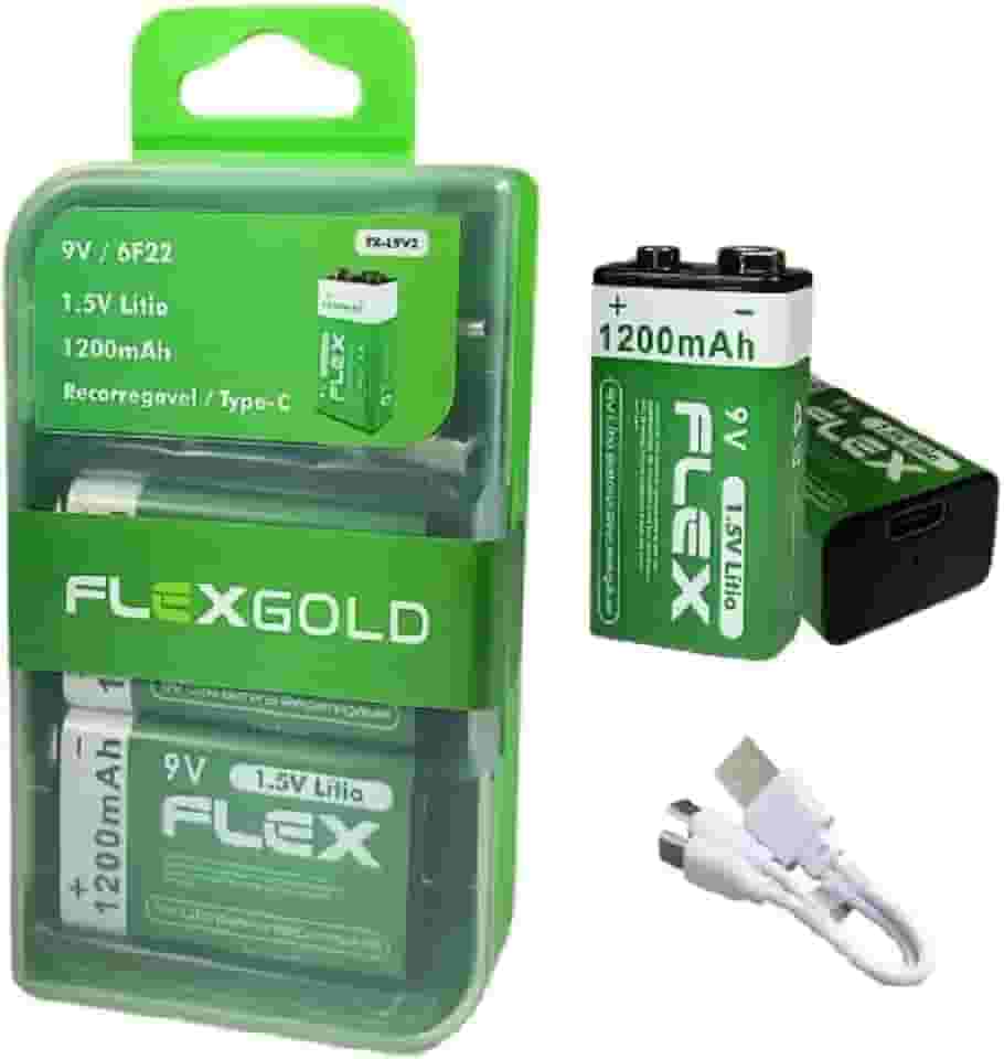 2 Baterias 9v Recarregaveis de Litio via Cabo USB-C com Led indicador de carga 1200mAh de Potência