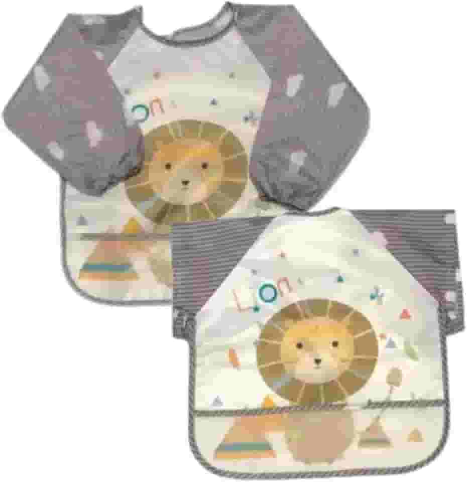 Babador Avental Impermeável Tecido Molinho Manga Longa BlW e Manga Curta com Coletor Migalhas Kit 2Unds Leão