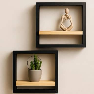 Nichos Decorativos de Parede Flutuante Estilo Industrial 25x25cm em Madeira Maciça | Instalação Sem Furos | Design Moderno, Minimalista e Funcional | 02 unidades – by TH Wood Art
