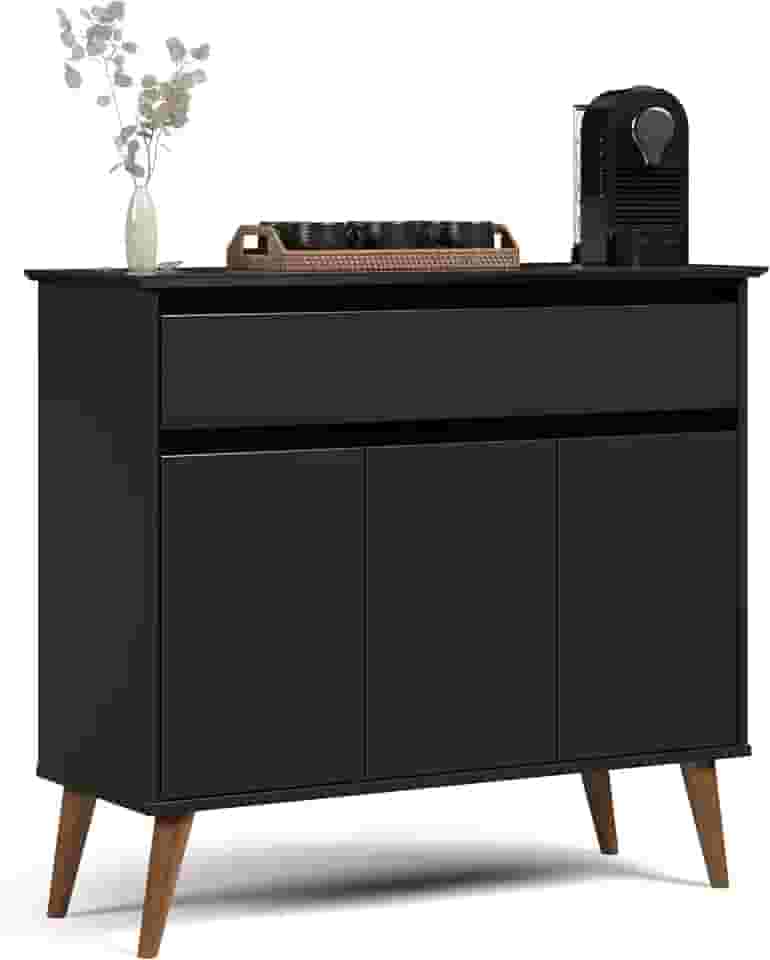Aparador Balcão Armário Bancada Cozinha Cantinho do Café Buffet Sala de Jantar Bar e Estar com 3 Portas e 1 Gaveta Retrô Zeus (Preto)
