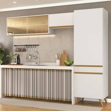 Armário Cozinha Modulada Compacta com Vidros 252cm 3 Peças Veneza Multimóveis Mp2300 Branco/dourado