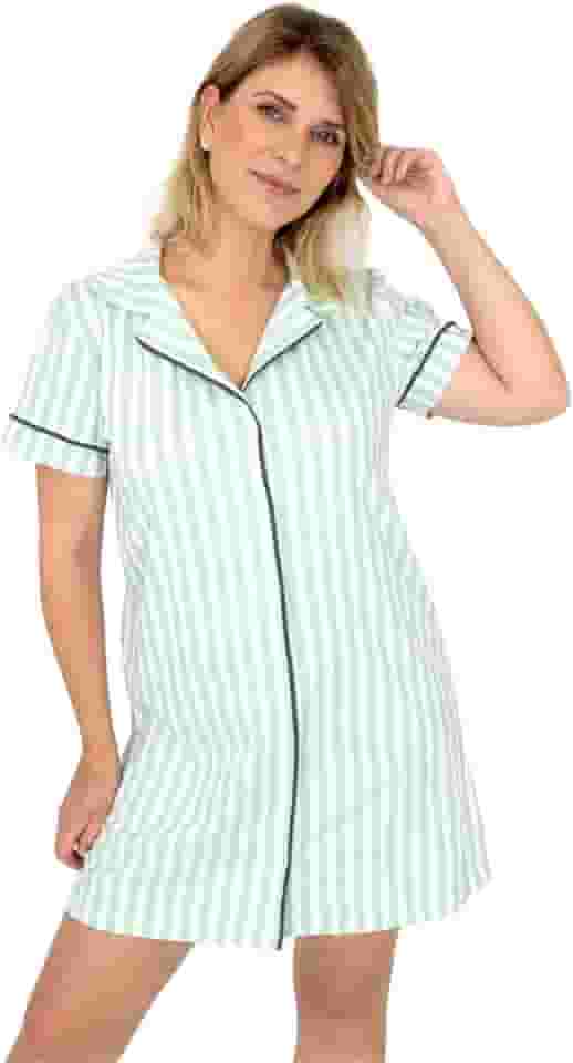 Camisola Algodão Feminina Americana Manga Curta com Botões Adulto indicado Gestante Amamentação e Pós cirúrgico – Listrado Verde