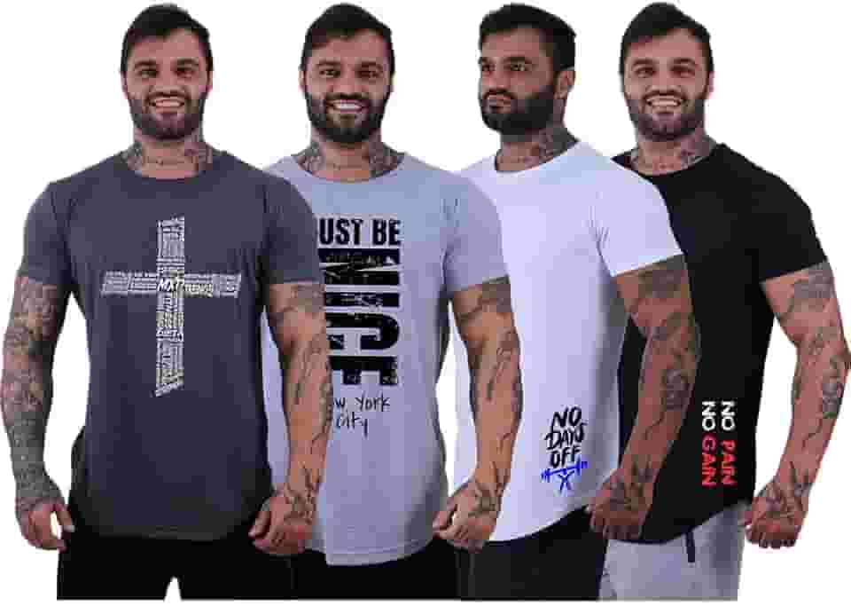 Kit 4 Camiseta Masculina Longline MXD Conceito Cores Básicas Discretas Diversas Estampas Casuais Treino Musculação