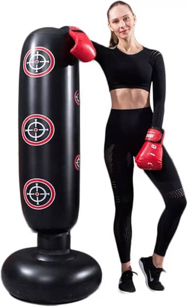 Saco de pancadas com suporte para adultos, bolsa de boxe inflável independente para uso pesado, mulheres, homens, equipamento de treinamento, exercício, boxe, saco de pancadas em pé (preto).