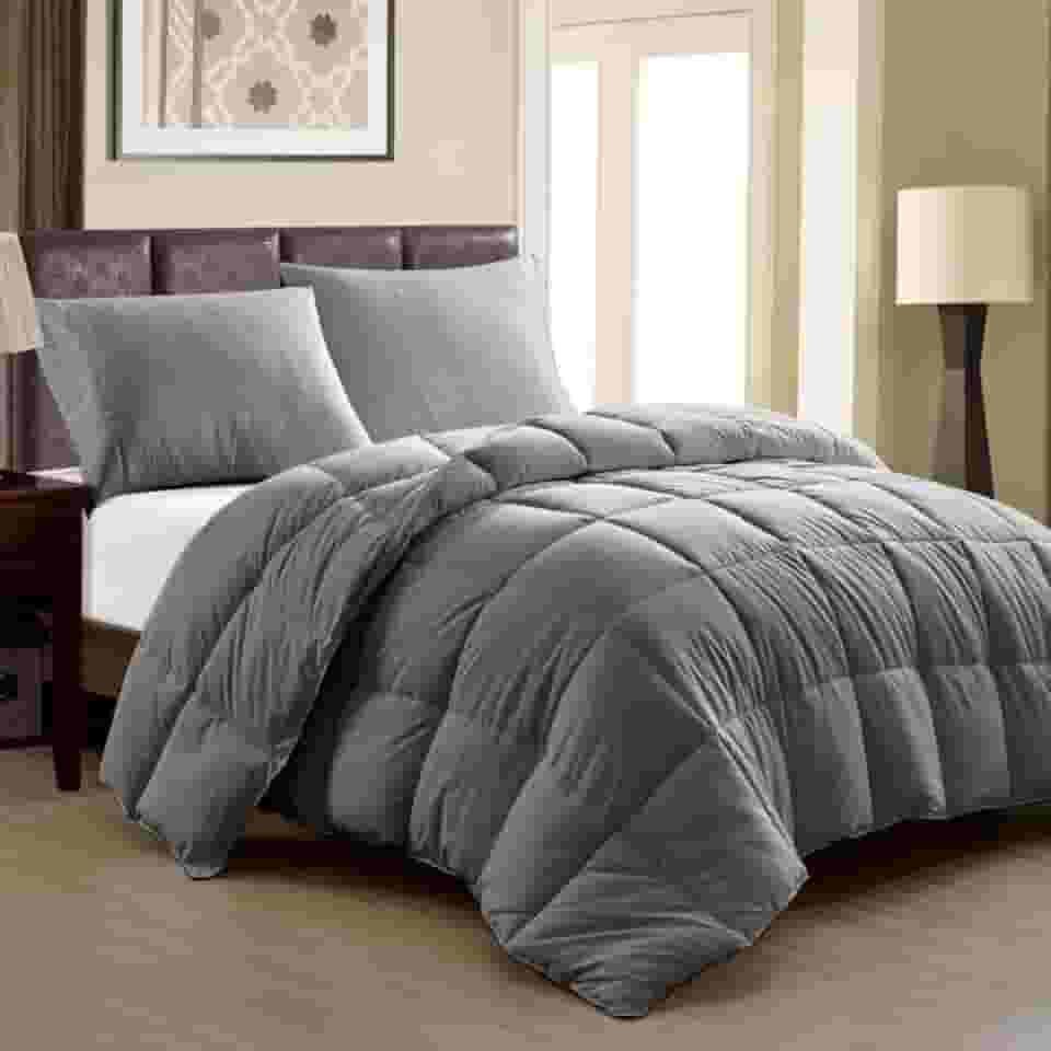 Edredom Toque de Plumas Dupla Face, Microfibra Plumage Liso Quadriculado (Cinza Chumbo, Queen)