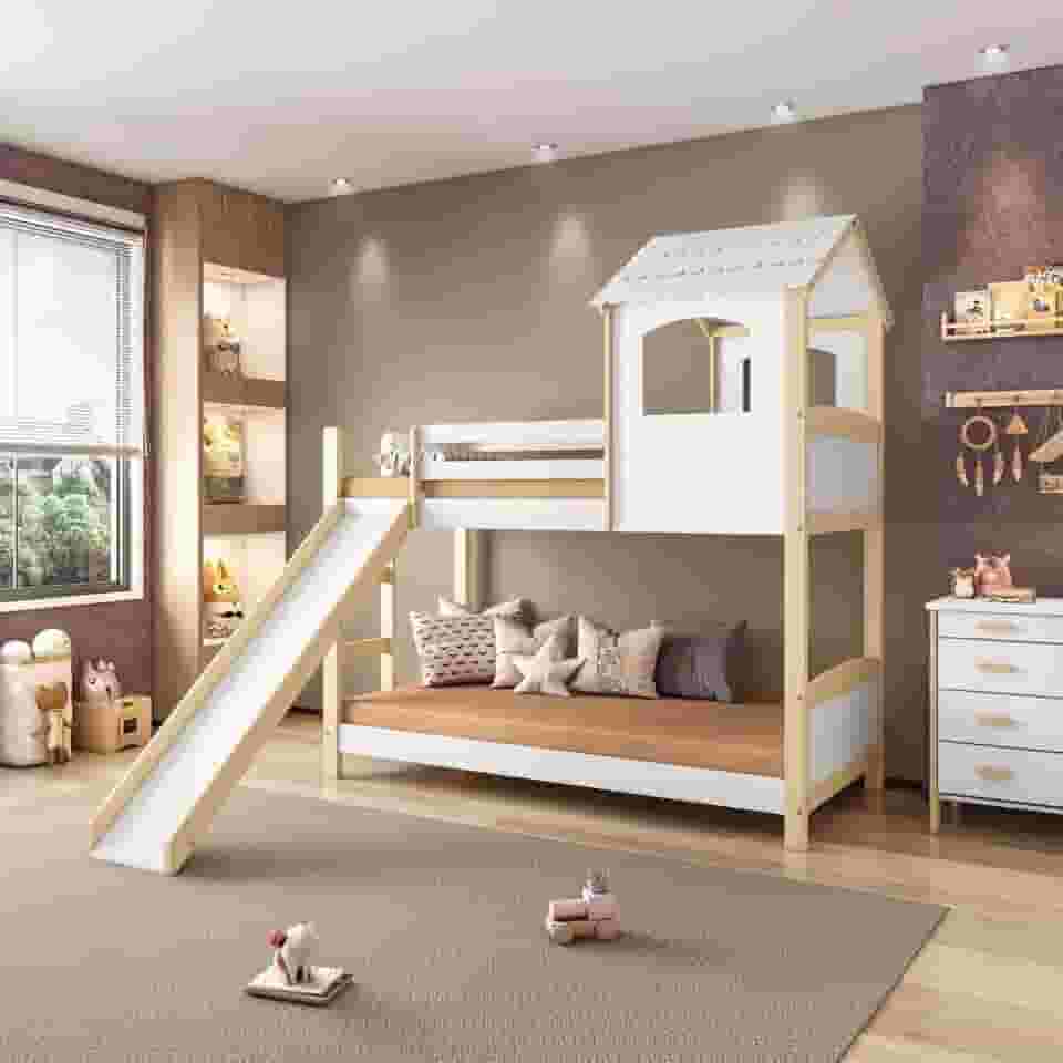 Beliche Infantil Casinha Com Escorregador Madeira e Mdf - Casatema Branco/natural