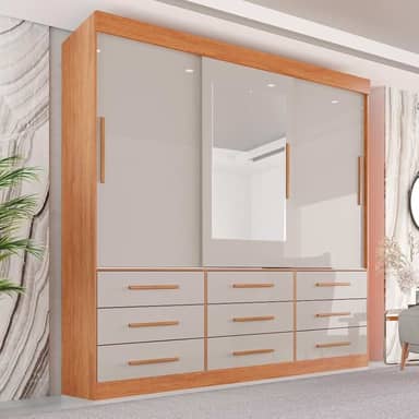 Guarda Roupa Casal 3 Portas 9 Gavetas com Espelho Luana Sallêto Móveis Cinamomo/off White
