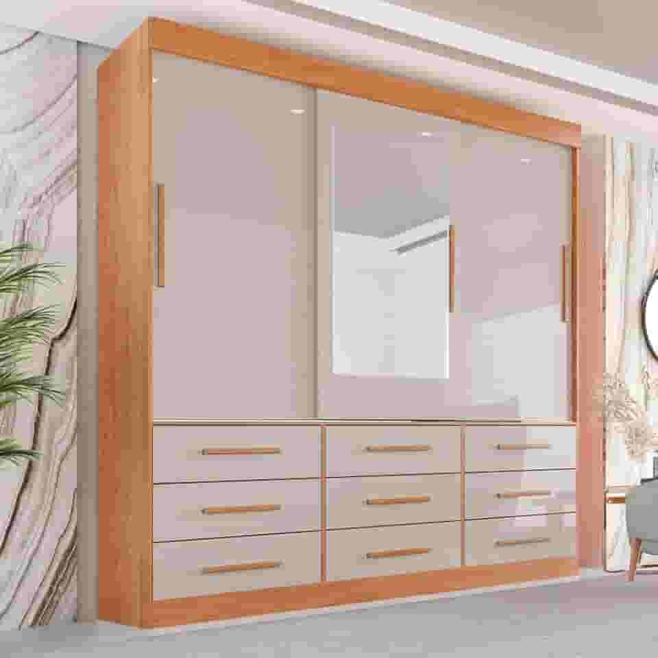 Guarda Roupa Casal 3 Portas 9 Gavetas com Espelho Luana Sallêto Móveis Cinamomo/off White