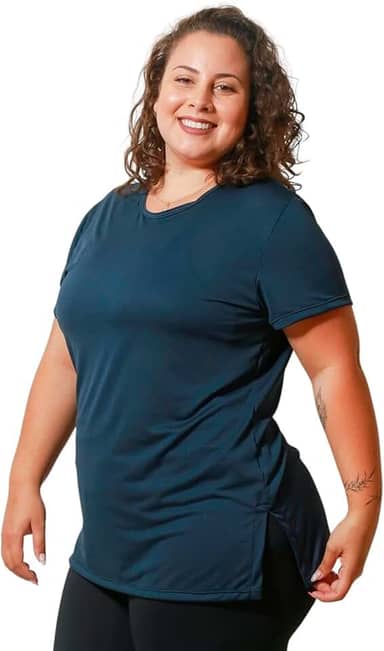 Roupa De Academia Feminino Blusa Dry Fit Plus Size Tapa Bumbum Comprida Blusinha Básica Sobre Legging Camiseta Tamanho Grande Soltinha Moda Fitness (BR, Alfa, XGG, Plus Size, Azul Marinho)