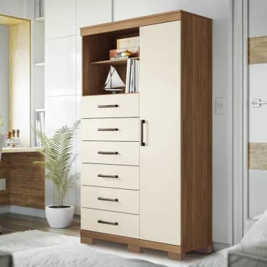 Cômoda 6 Gavetas 1 Porta 2 Nichos e Pés Marabá Jatobá/Areia