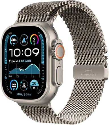 Apple Watch Ultra 2 GPS + Cellular • Caixa natural de titânio – 49 mm • Pulseira natural de titânio estilo milanês – P