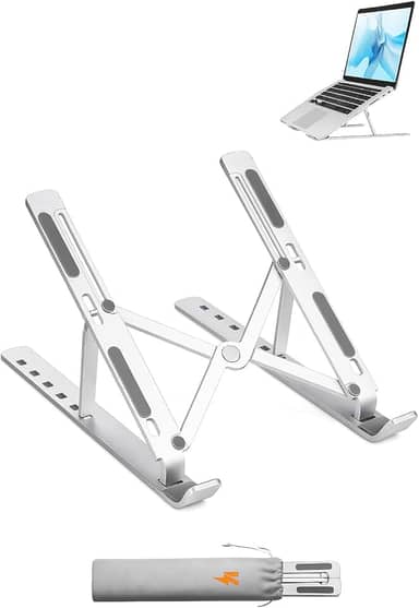 Suporte Premium para Notebook e Tablet em Alumínio Reforçado – Ergonômico, Dobrável e Ajustável em 6 Níveis – Leve, Portátil e Estável para Home Office, Estudos e Escritório + Estojo