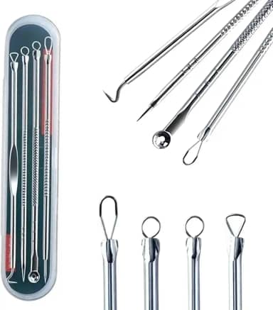 Removedor Extrator de Cravos e Espinhas Kit com 4 Peças com Estojo Aço Inox Profissional Ideal para Higiene da Pele skin care Higienico Cureta Linha Premium