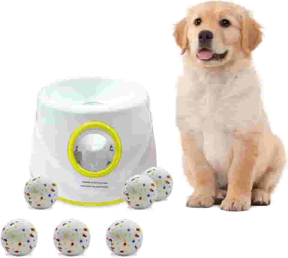 Lançador automático de bolas de tênis para cães, lançador interativo de brinquedo para cães, pés de distância ajustável, inclui bolas pequenas de 5,8 cm (amarelo)