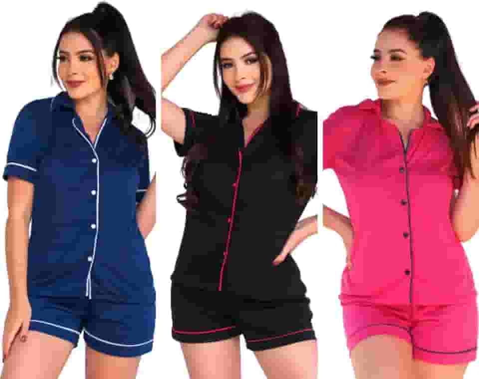 Kit 3 Pijama Feminino Americano Luxo Abertos Curtos Baby Doll