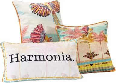 Kit Trio de Almofadas Verano Estampadas Cheias em Veludo Suede com Enchimento em Refil Silicone - Decoração Luxo Verão para Sala Sofá Quarto Jogo Conjunto 3 Peças Decorativas (Palha)