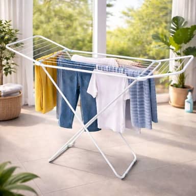 Varal de Chão com Abas Dobrável Slim Aço Resistente Compacto Portátil Leve Dobrável com Pintura Epóxi Ideal para Apartamentos Lavanderia Varal de Roupas Interno Externo Prático Durável