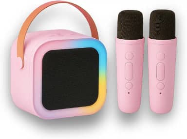 Karaokê Infantil Portátil com LED, Caixa de Som Bluetooth, 2 Microfones Sem Fio, Recarregável, Modos de Voz Divertidos (Rosa)