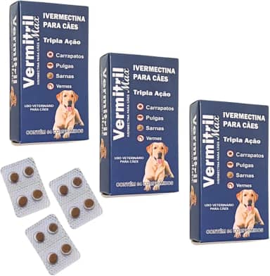 Vermitril Max 12 Comprimidos Mastigável Anti Carrapatos, Sarnas, Vermes e Pulgas - Cães de 30 a 60kg