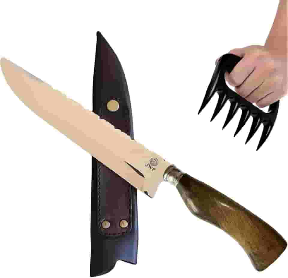 Faca Churrasco Artesanal Picanheira 8' Aço Inox 420C | Cabo Madeira ou Híbrido | Bainha Couro | Caixa Presente | Garra de Urso | Linha Luxo JWP