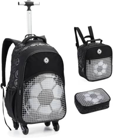 Kit Mochila Escolar com Rodas 360º, Lancheira e Estojo, Design Futebol, Compartimentos Múltiplos, Alça Telescópica, para Meninos, Cor Preta