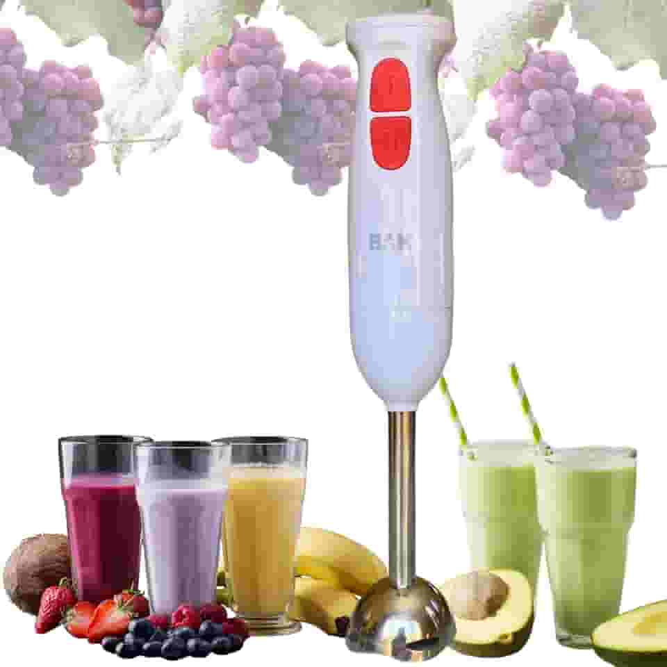 Mixer Manual Processador Bak,127v 300 w, Misturador Elétrico Turbo Portátil 2 Velocidades e 4 Lâminas de Aço Inoxidável Para Misturar Sucos de Frutas, Shakes, Purês ou Papinhas sem Esforço, Cor Branco