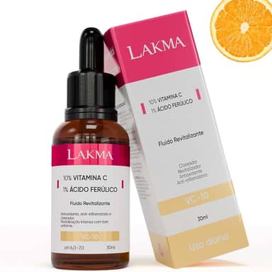 Serum Facial lakma Vitamina C 10% + Ácido Ferúlico 1% Ação antioxidante, Anti-inflamatória e Iluminadora