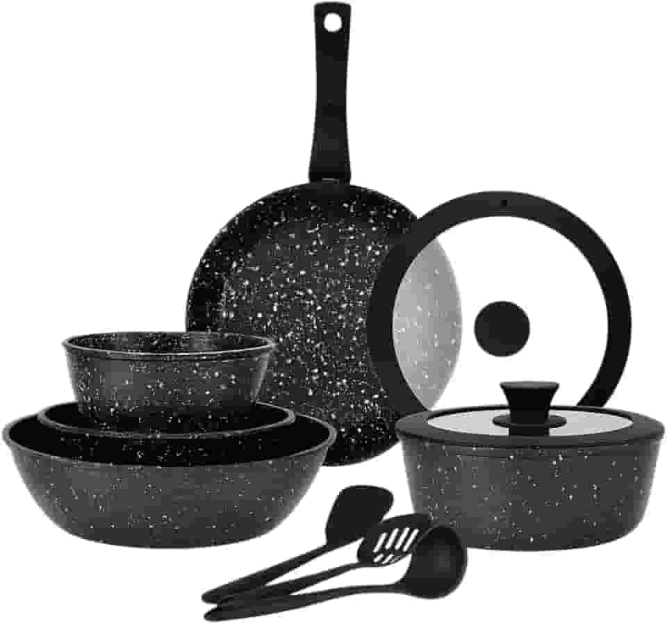 Conjunto Premium de Panelas Cerâmicas com Cabo Removível, 8 Peças, Revestimento Antiaderente, Preto Granito, Inclui Caçarolas 26/20cm, Frigideira 26cm, Panelas 20/16cm, Utensílios