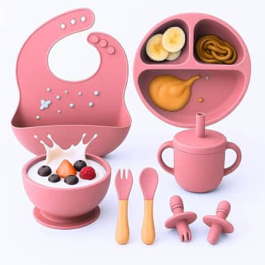 Kit Introdução Alimentar Prato com Divisórias de Silicone Com Ventosa 8 Peças, Copo com Bico, Talheres, Tigela e Babador (Rosé)