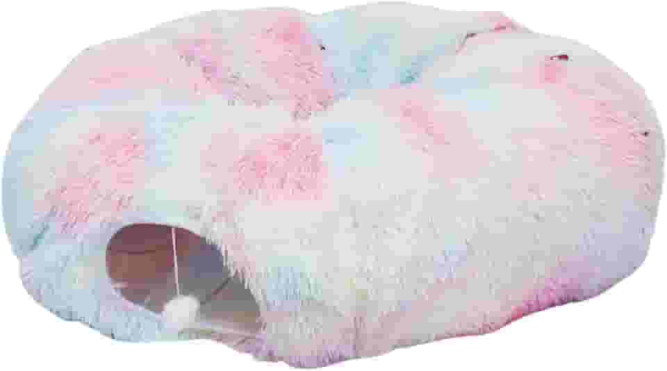 Cama de túnel para gatos, túnel dobrável de donut para gatos com tapete macio central e bolas pendentes, caverna de gatos Peekaboo para gatos, coelhos e filhotes (colorido)