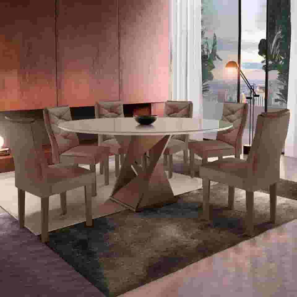 Mesa Tampo Redondo Plus Vidro 120cmx120cm 6 Cadeiras Barcelona Chocolate/off White/suede Animale