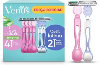1 Kit Gillette Venus Suave, Aparelho de Depilação Descartável com Aloe, 4 Uds + Gillette Venus Íntima, Aparelho de Depilação Íntima Feminino Descartável, 2 Uds