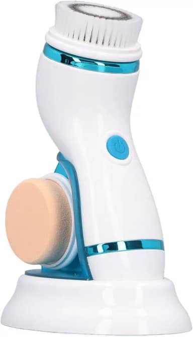 Escova de limpeza facial elétrica, escova de limpeza facial 4 em 1, massagem vibratória de 2 velocidades com 3 cabeças intercambiáveis para uso em viagens (azul)