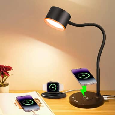 Lâmpada de mesa de LED com carregador sem fio, portas de carregamento USB C + A, lâmpada de cabeceira de metal que cuida dos olhos, lâmpada de leitura regulável em 5 cores, luminária de mesa sensível
